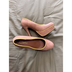 Candie’s Women’s Size 8 Tan & Neon Yellow Trim Platform Pumps 5” Stiletto Heels